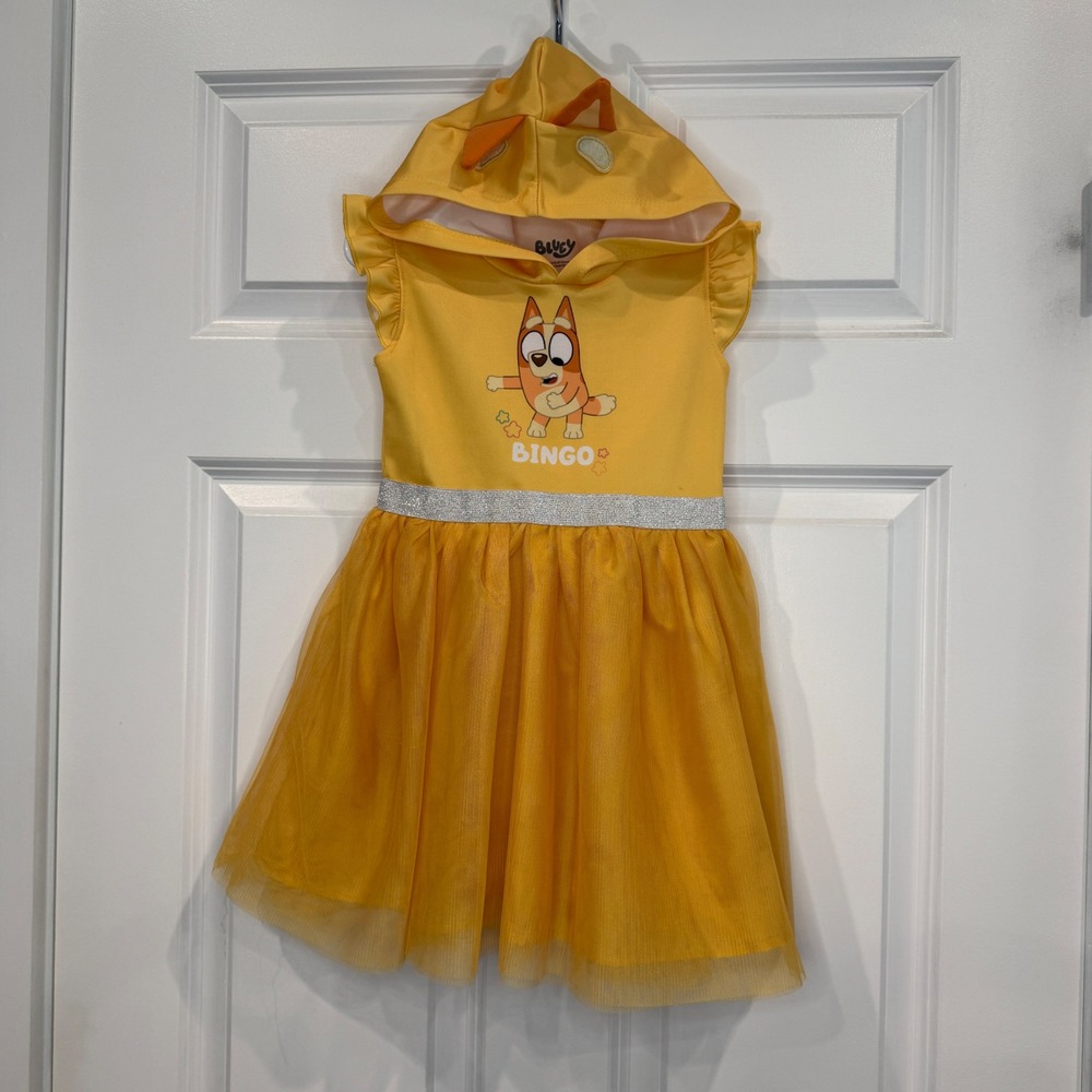 Bluey Bingo Hooded Tulle Dress Yellow Flutter Sleeve Size 4T